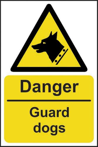11149 | 'Danger Guard Dogs' sign is a 200mm x 300mm hazard warning sign made from self-adhesive vinyl making it easy to apply to a clean dry surface. All our signs conform to the BS EN ISO 7010 regulation, ensuring that all graphical safety symbols are consistent and compliant.
