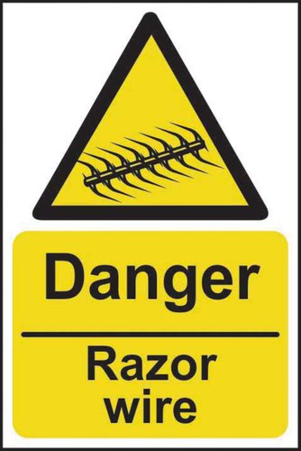 11158 | 'Danger Razor Wire' sign is a 200mm x 300mm hazard warning sign made from Rigid 1mm PVC Board which is not adhesive. All our signs conform to the BS EN ISO 7010 regulation, ensuring that all graphical safety symbols are consistent and compliant.