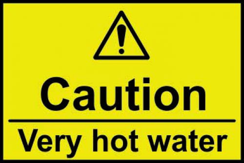 Caution Very Hot Water sign (75 x 75mm). Manufactured from strong rigid PVC and is non-adhesive; 0.8mm thick.