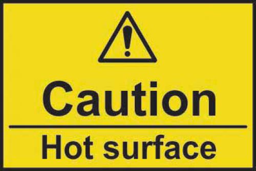 Caution Hot Surface Sign (75 x 50mm); Manufactured from strong rigid PVC and is non-adhesive; 0.8mm thick.