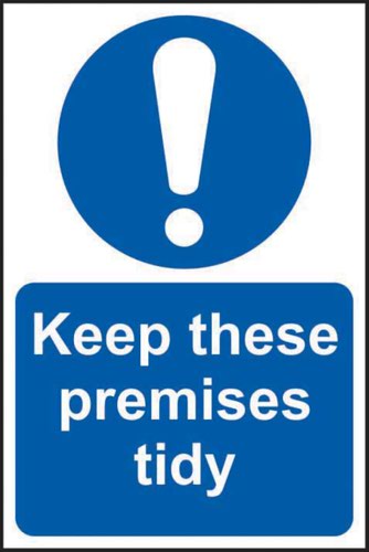 11371 | 'Keep These Premises Tidy' Sign is a 400mm x 600mm mandatory sign made from non-adhesive Rigid 1mm PVC Board. All our signs conform to the BS EN ISO 7010 regulation, ensuring that all graphical safety symbols are consistent and compliant.