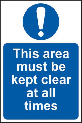 'This Area Must Keep Clear At All Times' Sign is a 400mm x 600mm mandatory sign made from non-adhesive Rigid 1mm PVC Board. All our signs conform to the BS EN ISO 7010 regulation, ensuring that all graphical safety symbols are consistent and compliant.