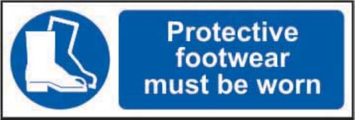 11385 | 'Protective Footwear Must Be Worn' Sign is a 300mm x 100mm mandatory sign made from non-adhesive Rigid 1mm PVC Board. All our signs conform to the BS EN ISO 7010 regulation, ensuring that all graphical safety symbols are consistent and compliant.