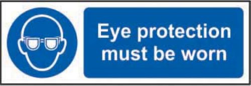 'Eye Protection Must Be Worn' Sign is a 300mm x 100mm mandatory sign made from non-adhesive Rigid 1mm PVC Board. All our signs conform to the BS EN ISO 7010 regulation, ensuring that all graphical safety symbols are consistent and compliant.
