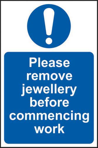 11471 | 'Please Remove Jewellery Before Commencing Work' Sign is a 200mm x 300mm mandatory sign made from non-adhesive Rigid 1mm PVC Board. All our signs conform to the BS EN ISO 7010 regulation, ensuring that all graphical safety symbols are consistent and compliant.