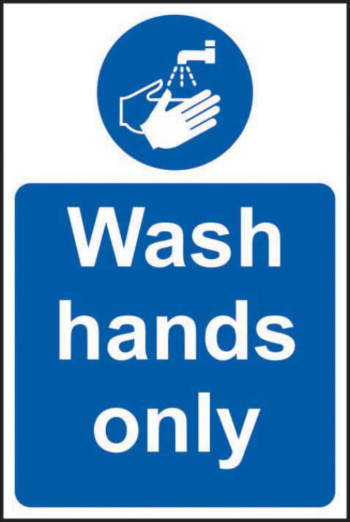 Self-adhesive vinyl Wash Hands Only sign (200 x 300mm). Easy to use; simply peel off the backing and apply to a clean dry surface.