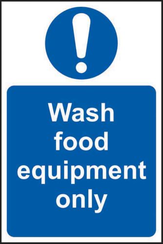 'Wash Food Equipment Only' Sign is a 200mm x 300mm mandatory sign made from non-adhesive Rigid 1mm PVC Board. All our signs conform to the BS EN ISO 7010 regulation, ensuring that all graphical safety symbols are consistent and compliant.