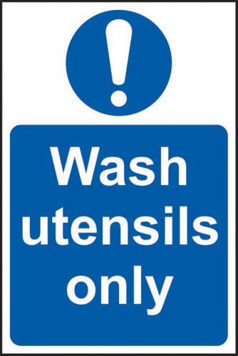 'Wash Utensils Only' Sign is a 200mm x 300mm mandatory sign made from Self adhesive vinyl making it easy to apply to a clean dry surface. All our signs conform to the BS EN ISO 7010 regulation, ensuring that all graphical safety symbols are consistent and compliant.