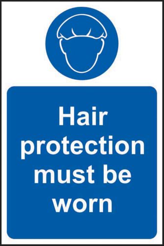 'Hair Protection Must Be Worn' Sign is a 200mm x 300mm mandatory sign made from Self adhesive vinyl making it easy to apply to a clean dry surface. All our signs conform to the BS EN ISO 7010 regulation, ensuring that all graphical safety symbols are consistent and compliant.