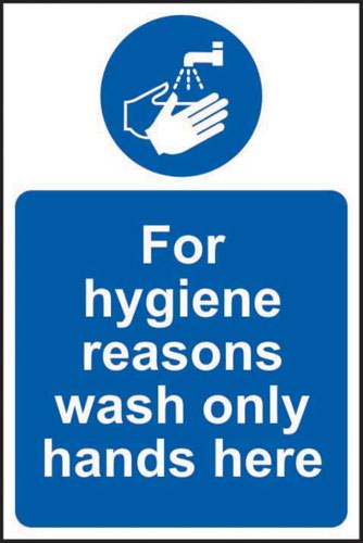 'For Hygiene Reasons Wash Only Hands Here' Sign is a 200mm x 300mm mandatory sign made from Self adhesive vinyl making it easy to apply to a clean dry surface. All our signs conform to the BS EN ISO 7010 regulation, ensuring that all graphical safety symbols are consistent and compliant.