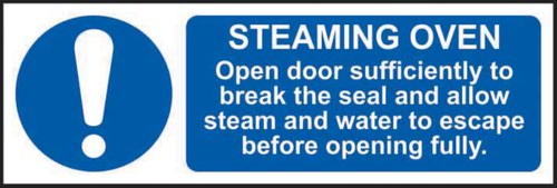 'Steaming Oven Open Door Sufficiently To Break Seal' Sign is a 300mm x 100mm mandatory sign made from Self adhesive vinyl making it easy to apply to a clean dry surface. All our signs conform to the BS EN ISO 7010 regulation, ensuring that all graphical safety symbols are consistent and compliant.