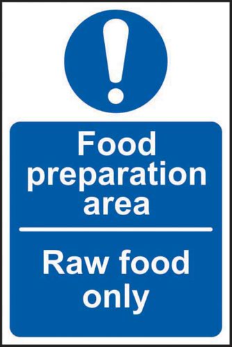 'Food Preparation Area Raw Food Only' Sign is a 100mm x 150mm mandatory sign made from non-adhesive Rigid 1mm PVC Board. All our signs conform to the BS EN ISO 7010 regulation, ensuring that all graphical safety symbols are consistent and compliant.