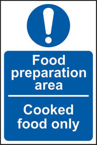 'Food Preparation Area Cooked Food Only' Sign is a 100mm x 150mm mandatory sign made from non-adhesive Rigid 1mm PVC Board. All our signs conform to the BS EN ISO 7010 regulation, ensuring that all graphical safety symbols are consistent and compliant.