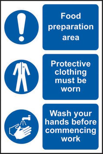 'This Is A Food Production Area/Protective Clothing Must Be' Sign is a 200mm x 300mm mandatory sign made from Self adhesive vinyl making it easy to apply to a clean dry surface. All our signs conform to the BS EN ISO 7010 regulation, ensuring that all graphical safety symbols are consistent and compliant.