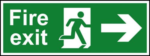 Self-Adhesive Vinyl Fire Exit sign with running man and arrow right (400 x 150mm). Easy to use and fix.