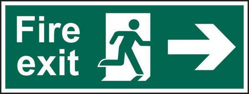 Fire Exit Man Arrow Right sign (600 x 200mm). Manufactured from strong rigid PVC and is non-adhesive; 0.8mm thick.