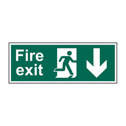 Fire Exit (Man Arrow Down)'  is a 400mm x 150mm fire exit and evacuation sign (Pack of 5). This sign is a self-adhesive vinyl making it easy to apply to a clean dry surface. All our signs conform to the BS EN ISO7010 regulation, ensuring that all graphical safety symbols are consistent and compliant.