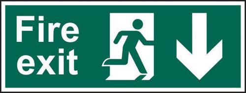 Self-Adhesive Vinyl Fire Exit Man Arrow Down sign (600 x 200mm). Easy to use and fix.