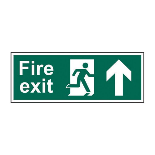 Fire Exit (Man Arrow Up)'  is a 400mm x 150mm fire exit and evacuation sign (Pack of 5). This sign is made from non-adhesive Rigid 1mm PVC Board. All our signs conform to the BS EN ISO7010 regulation, ensuring that all graphical safety symbols are consistent and compliant.