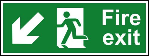 Self-Adhesive Vinyl Fire Exit sign with running man and arrow down left (400 x 150mm). Easy to use and fix.