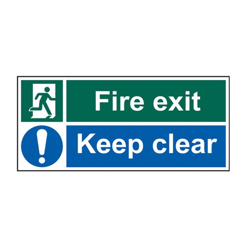 Fire Exit Keep Clear' is a 450mm x 200mm fire exit and evacuation sign (Pack of 5). This sign is made from non-adhesive Rigid 1mm PVC Board. All our signs conform to the BS EN ISO7010 regulation, ensuring that all graphical safety symbols are consistent and compliant.