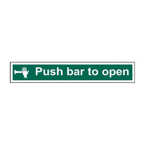 Push Bar To Open' is a 600mm x 100mm fire exit and evacuation sign (Pack of 5). This sign is a self-adhesive vinyl making it easy to apply to a clean dry surface. All our signs conform to the BS EN ISO7010 regulation, ensuring that all graphical safety symbols are consistent and compliant.