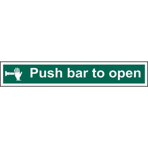 Push Bar To Open sign (600 x 100mm). Manufactured from strong rigid PVC and is non-adhesive; 0.8mm thick.
