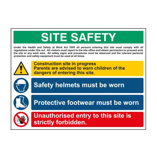 12404-EIRE | With the numerous dangers found on the modern construction site, it has become harder and harder for a Site Safety Manager to effectively demonstrate through the use of safety signs, the relevant safety procedures and methods of work which is a lawful requirement. Make sure when using signs, that they are maintained so they are always visible, clear and easy to understand Size: W800mm x H600mm 1.2mm Recyclable Polypropylene Designed and manufactured in the UK