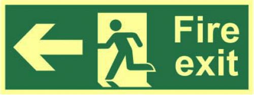 Fire Exit Sign with running man and arrow left (400 x 150mm). Made from 1.3mm rigid photoluminescent Fire Safety Signs IB1617