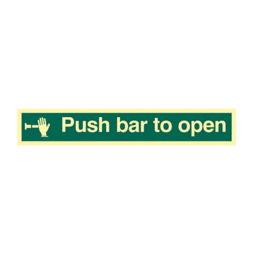 'Push Bar To Open' is a 300mm x 100mm safe condition sign.  This sign is made from 1.3mm Rigid Self Adhesive Photoluminescent. All our signs have been tested to PSPA CLass B material tested to DIN 67510 Part 1 - 4 specification and when fully charged will glow for 10+ hours.  