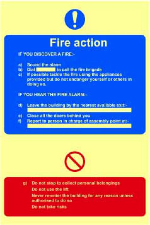 Fire Action Procedure Sign (200 x 300mm). Made from 1.3mm rigid photoluminescent board (PHO) and is self adhesive.