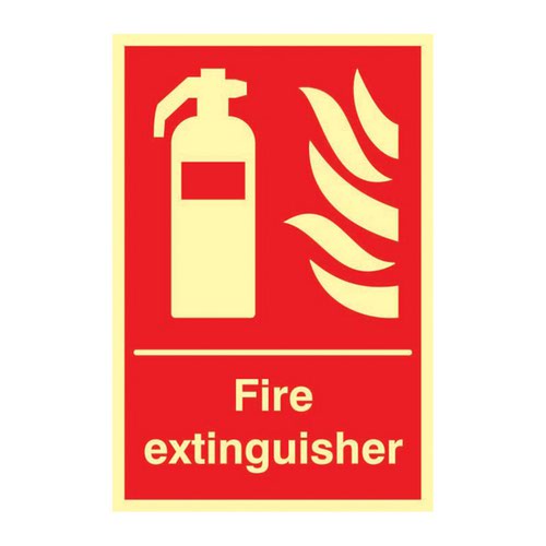 'Fire Extinguisher' is a 200mm x 300mm fire safe condition sign.  This sign is made from 1.3mm Rigid Self Adhesive Photoluminescent. All our signs have been tested to PSPA CLass B material tested to DIN 67510 Part 1 - 4 specification and when fully charged will glow for 10+ hours.  