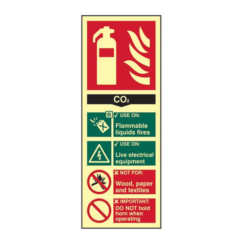'Fire Extinguisher CO2' is a 82mm x 202mm fire safe condition sign.  This sign is made from 1.3mm Rigid Self Adhesive Photoluminescent. All our signs have been tested to PSPA CLass B material tested to DIN 67510 Part 1 - 4 specification and when fully charged will glow for 10+ hours.  