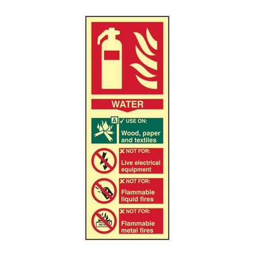 'Fire Extinguisher Water' is a 82mm x 202mm fire safe condition sign.  This sign is made from 1.3mm Rigid Self Adhesive Photoluminescent . All our signs have been tested to PSPA CLass B material tested to DIN 67510 Part 1 - 4 specification and when fully charged will glow for 10+ hours.  