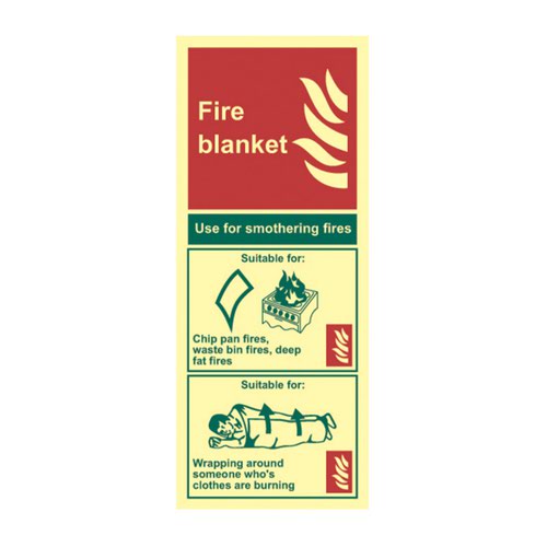 'Fire Blanket' is a 202mm x 82mm fire safe condition sign.  This sign is made from 1.3mm Rigid Self Adhesive Photoluminescent. All our signs have been tested to PSPA CLass B material tested to DIN 67510 Part 1 - 4 specification and when fully charged will glow for 10+ hours.  