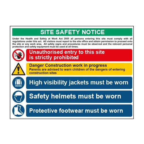 12485-EIRE | With the numerous dangers found on the modern construction site, it has become harder and harder for a Site Safety Manager to effectively demonstrate through the use of safety signs, the relevant safety procedures and methods of work which is a lawful requirement. Use clear site safety signs to tell your workers and visitors the precautions they should take while on site Make sure when using signs, that they are maintained so they are always visible, clear and easy to understand Size: W800mm x H600mm 1.2mm Recyclable Polypropylene Designed and manufactured in the UK