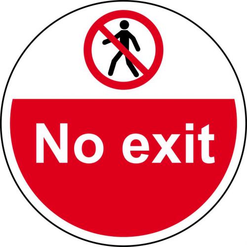 No Exit Floor Graphic adheres to most smooth; clean flat surfaces and provides a durable long lasting safety message. 400mm diameter.