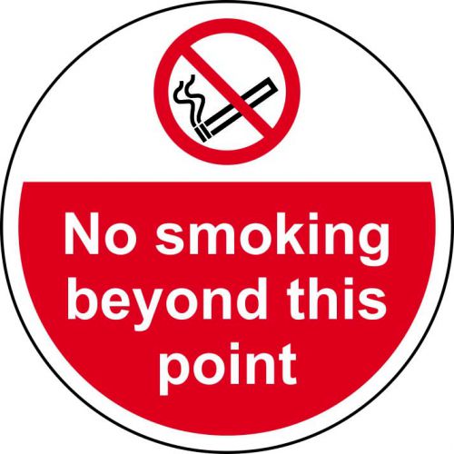 No Smoking Beyond This Point Floor Graphic adheres to most smooth; clean flat surfaces and provides a durable long lasting safety message. 400mm dia.
