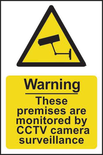 Self ad. semi-rigid PVC Warning These Premises Are Monitored By CCTV Camera Surveillance sign (200 x 300mm). Easy to fix; peel off backing and apply