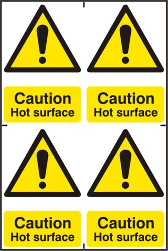 ‘Caution Hot Surface’ Sign; Self-Adhesive Semi-Rigid PVC; 4 per sheet (100mm x 150mm)