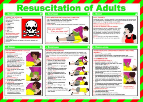 Resuscitation of Adults Safety Poster (590 x 420mm) made from laminated paper.