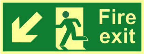 Fire Exit Sign with running man and arrow down left (400 x 150mm). Made from 1.3mm rigid photoluminescent board (PHO) and is self adhesive.