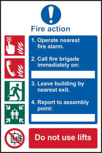 Fire Action Procedure sign (200 x 300mm). Manufactured from strong rigid PVC and is non-adhesive; 0.8mm thick.