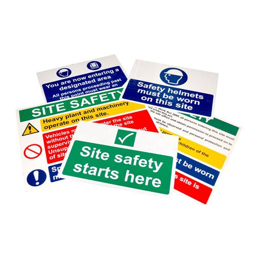 13974-EIRE | A simple basic selection of 5 construction site signs. This pack helps to make sure employees and visitors stay safe on your site. Pack Contents: 2 x Site Safety Composite - W800mm x H600mm - 3mm Foamed PVC Board 1 x Site Safety Starts Here - W600mm x H400mm - Rigid 1mm PVC Board (Non Adhesive) 1 x Safety Helmets Must Be Worn On This Site - W600mm x H450mm - Rigid 1mm PVC Board (Non Adhesive) 1 x You Are Now Entering A Designated Area - W600mm x H450mm - Rigid 1mm PVC Board (Non Adhesive)