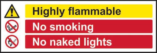 Highly Flammable No Smoking No Naked Lights’ Sign; Non Adhesive Rigid 1mm PVC Board (600mm x 200mm)