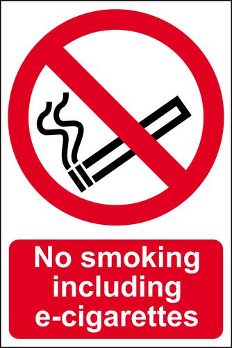 No Smoking Including E-Cigarettes sign (200 x 300mm). Manufactured from strong rigid PVC and is non-adhesive; 0.8mm thick.