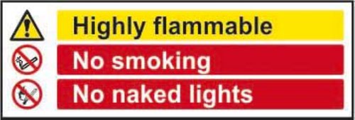 Highly Flammable No Smoking No Naked Lights’ Sign; Self-Adhesive Vinyl (300mm x 100mm)