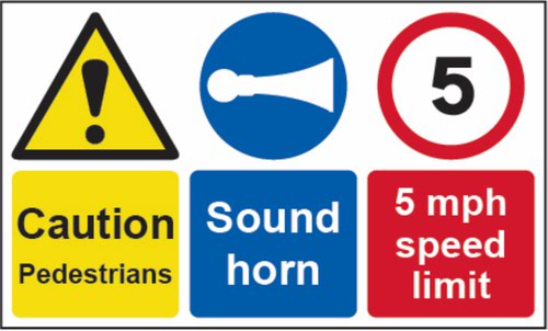 Caution Pedestrians / Sound Horn / 5mph Speed Limit’ Sign; Non Adhesive 1mm Rigid PVC (500mm x 300mm)