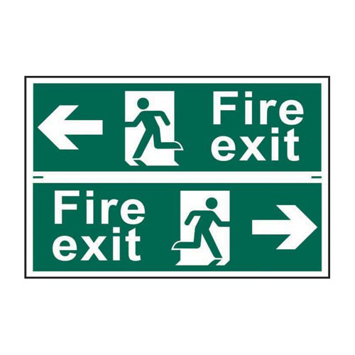 Fire Exit Man Running Arrow Left/Right' is a 300mm x 100mm fire exit and evacuation sign. This sign comes with two single signs (300mm x 100mm) on one sheet with guide lines to cut into individual signage. This sign is a self-adhesive semi-rigid PVC making it easy to apply to a clean dry surface. 