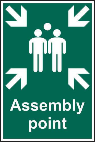Self adhesive semi-rigid PVC Assembly Point sign (200 x 300mm). Easy to fix; peel off the backing and apply to a clean and dry surface.